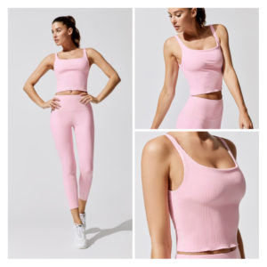 New Sexy Rib Knit Striped Tight Tank top Trousers Sports Fitness Yoga Set Blue Outfit For Woman
