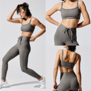 New Simple Sexy Gray Rib Knit Striped Sleeveless Camisole Front Tie Trousers Yogawear Sportswear for women