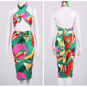 New Fashion Sexy Two Piece Skirt With Printed Lace-up Blouse Mid-skirt Dresses For Woman