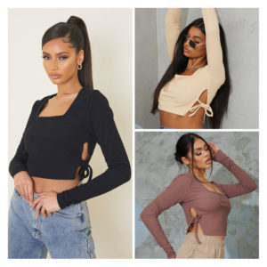 Rib Knit Long Seelve Crop Top Side Slit Lace-up Square Collar Casual T-shirt