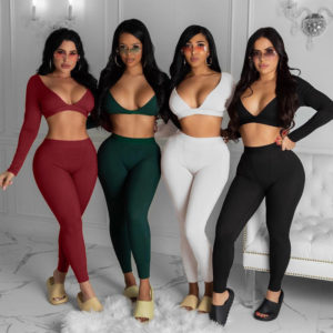 Solid Color Casual Outfit V-neck Backless Crop Top Slim Trouser Set For Woman