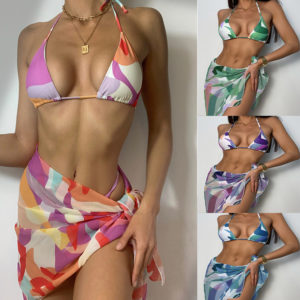 Nibbersport European And American Stitching Color Sexy Halter Bikini Three-piece suit Female Lace-up Bikini