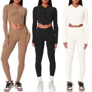 Nibber Sport Casual Zipper Hoodie and Trousers Two Piece Set For Women