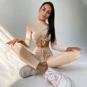 Casual Female Solid Tracksuits Workout Fitness Sportswear