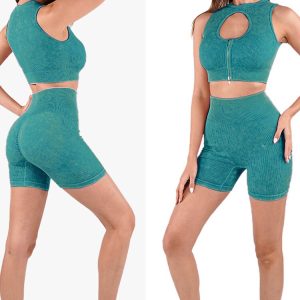 rok dan atasan 2 Pieces Yoga Set Zipper Seamless Gym Set